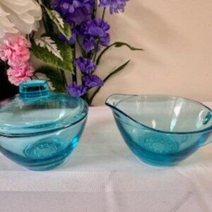 Hazel-Atlas Turquoise Blue Sugar and Creamer‎ Set Vintage Glassware
